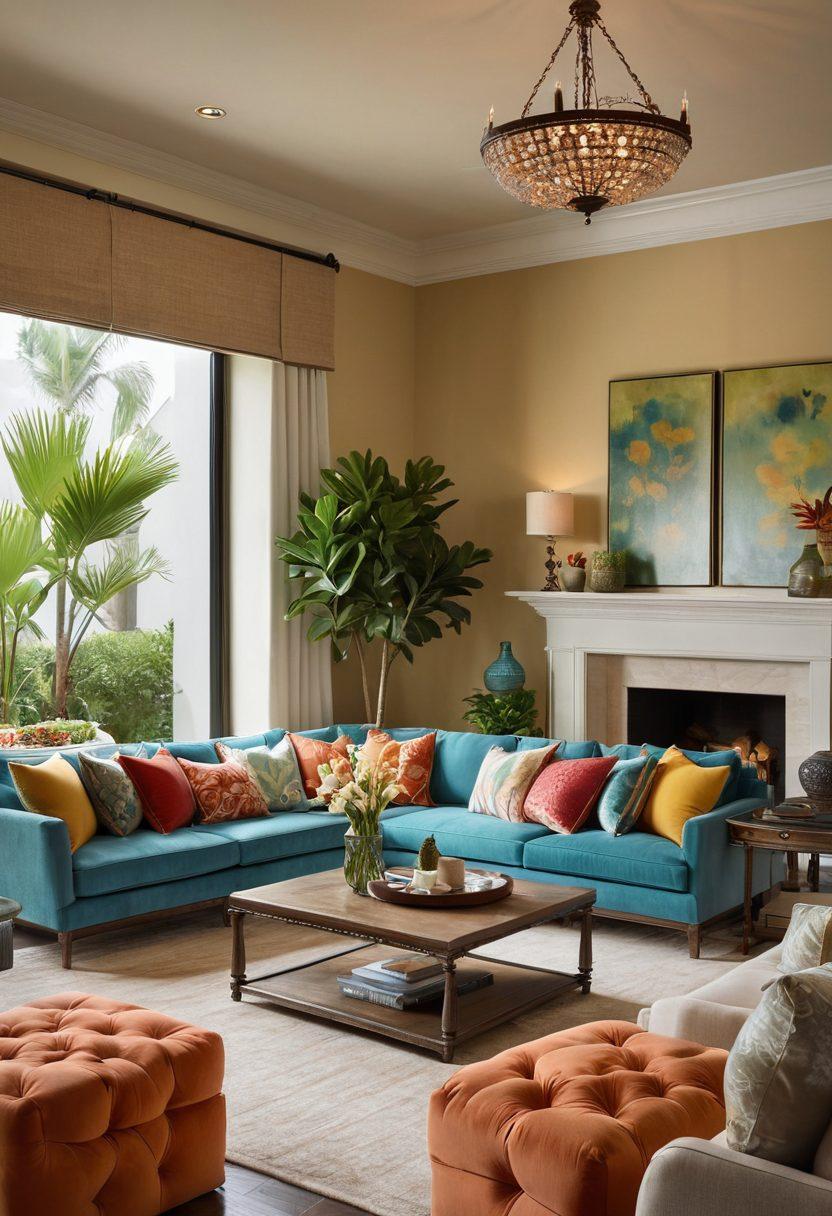 A beautifully styled living room featuring a cozy sofa adorned with plush cushions, an elegant dining table set with tasteful decor, and warm lighting that creates an inviting ambiance. Showcase a mix of textures and colors that reflect modern home decor trends, with Mitchell Furniture pieces prominently displayed. Include decorative plants and art on the walls to enhance the serene atmosphere. super-realistic. vibrant colors. soft lighting.