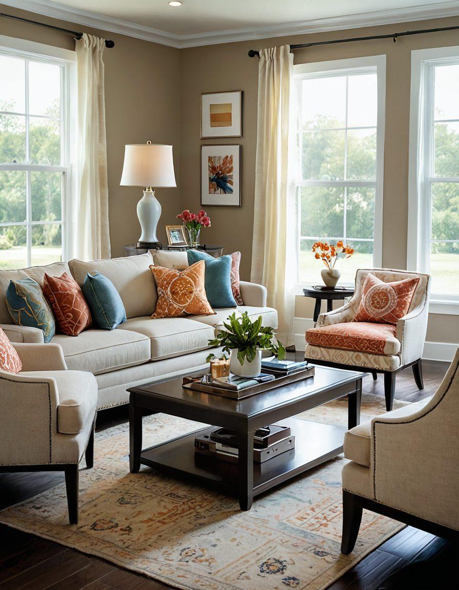 A beautifully designed living room showcasing diverse Mitchell Furniture pieces, including a stylish sofa, elegant coffee table, and cozy accent chairs. The room should be well-lit, featuring large windows with natural light streaming in, colorful decorative cushions, and a blend of modern and classic decor elements. Include a mood board in the corner highlighting the various fabric swatches and color palettes. The overall atmosphere should exude comfort, elegance, and inspiration for home transformation. super-realistic. vibrant colors. warm ambiance.
