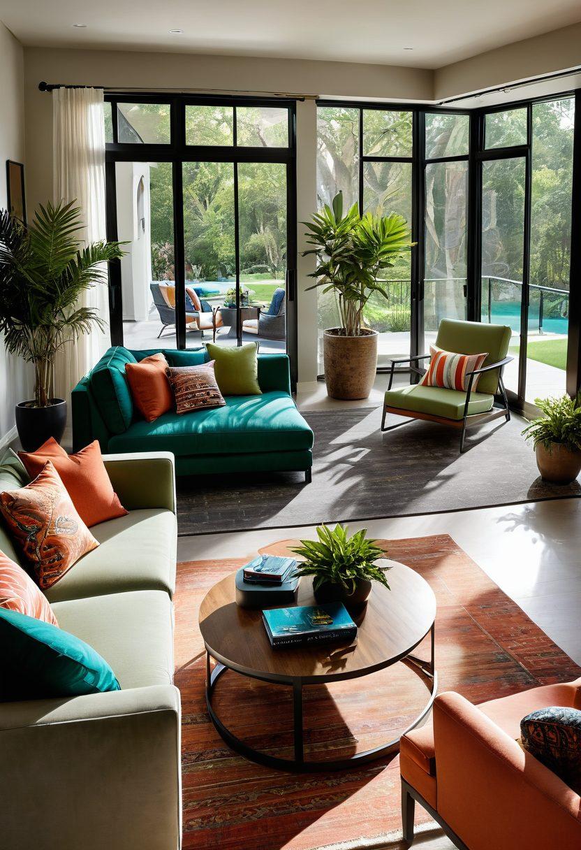 A beautifully curated living room showcasing Mitchell Furniture pieces, blending indoor and outdoor elements, with cushions and throws in vibrant colors. Include plants that transition from indoor to outdoor decor, natural sunlight filtering in, and a stylish outdoor patio visible through the glass doors. Capture a sense of comfort and purpose in design. super-realistic. vibrant colors. natural light.